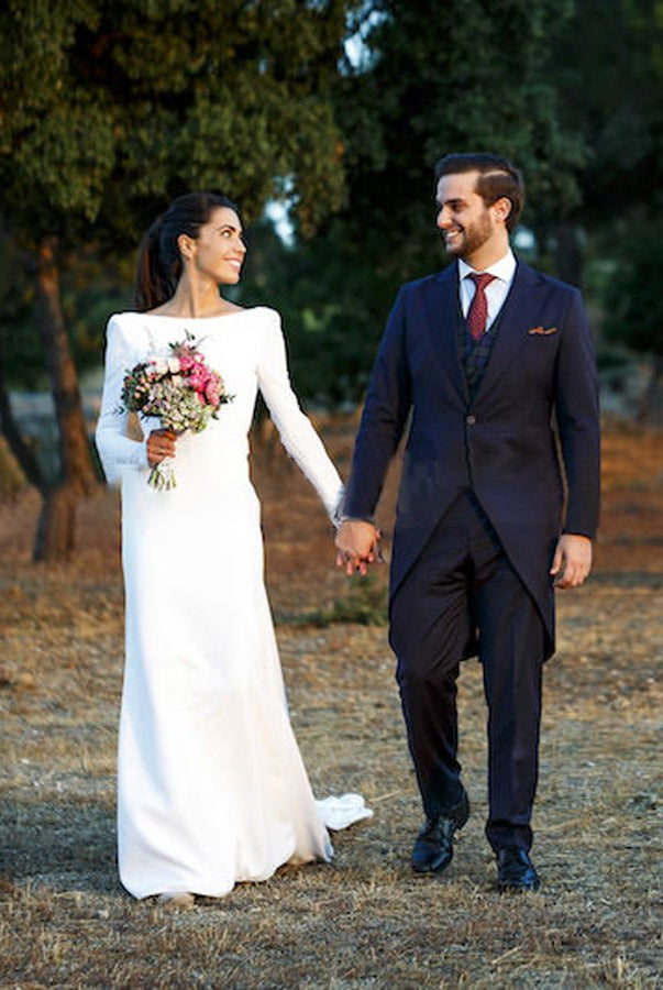 A - line Long Sleeved Satin Wedding Dresses with Cowl Back - KissProm