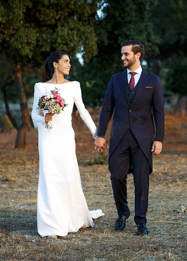 A - line Long Sleeved Satin Wedding Dresses with Cowl Back - KissProm