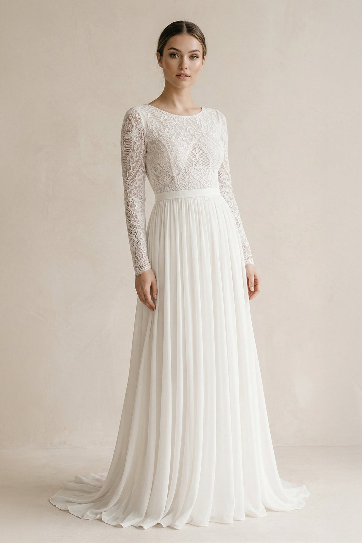 Beach Gorgeous Lace A-Line Appliqued Open Back Wedding Dress With Long Sleeves Diamond White / 12