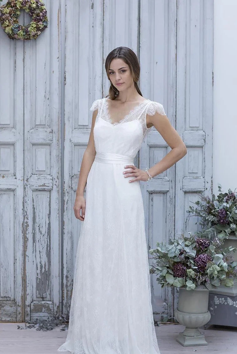 A-Line V-Neck Short Cap Sleeves Backless Tulle Lace Wedding Dress