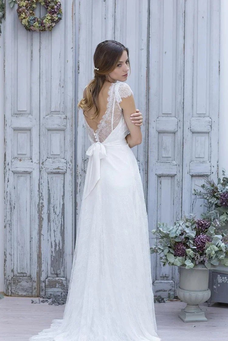 A-Line V-Neck Short Cap Sleeves Backless Tulle Lace Wedding Dress