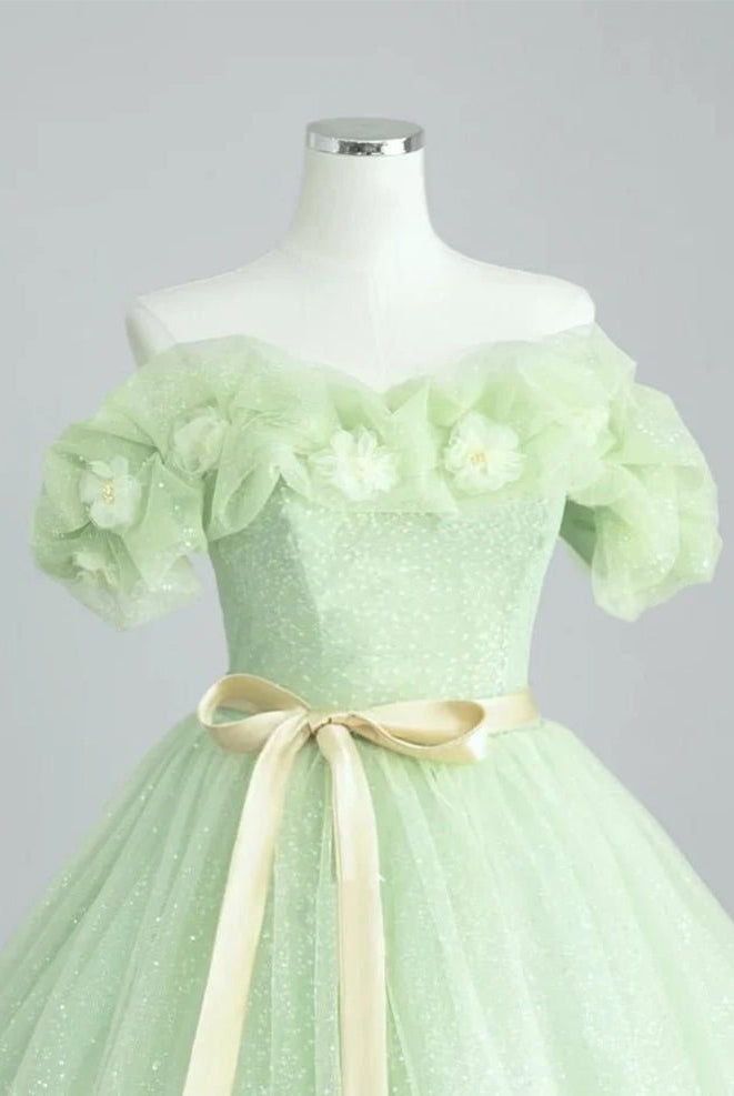 A-Line Off Shoulder Tulle Sage Green Long Prom Dresses