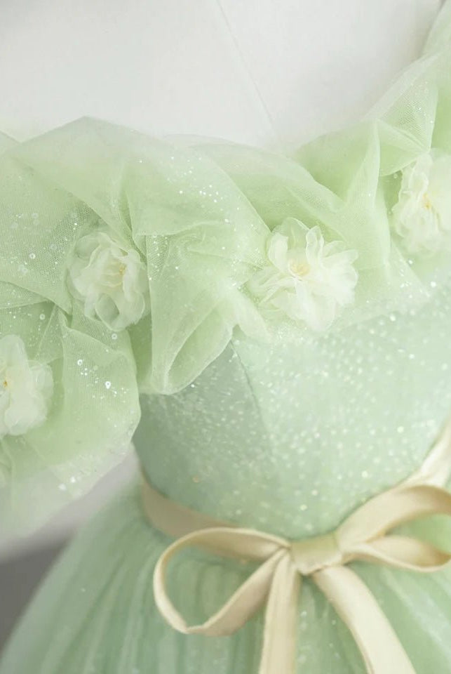 A-Line Off Shoulder Tulle Sage Green Long Prom Dresses