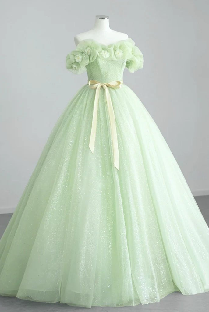 A-Line Off Shoulder Tulle Sage Green Long Prom Dresses
