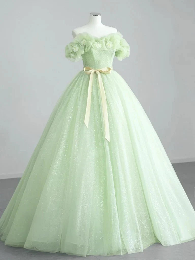 A-Line Off Shoulder Tulle Sage Green Long Prom Dresses A-Line Off Shoulder Tulle Sage Green Long Prom Dresses