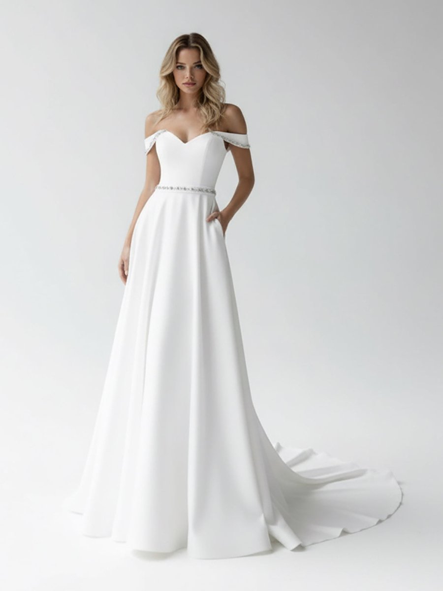 A - Line Off the Shoulder Beaded Wedding Dress - KissProm