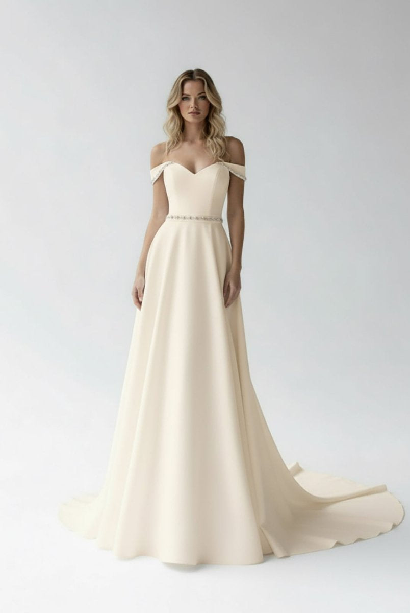 A - Line Off the Shoulder Beaded Wedding Dress - KissProm