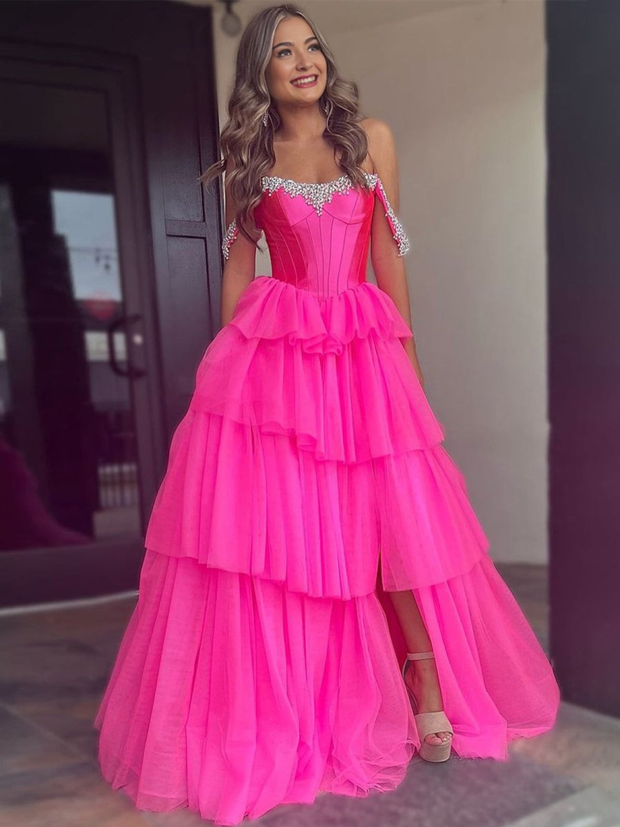 Hot Pink Off The Shoulder Long Evening Gowns Prom Dresses main image 0