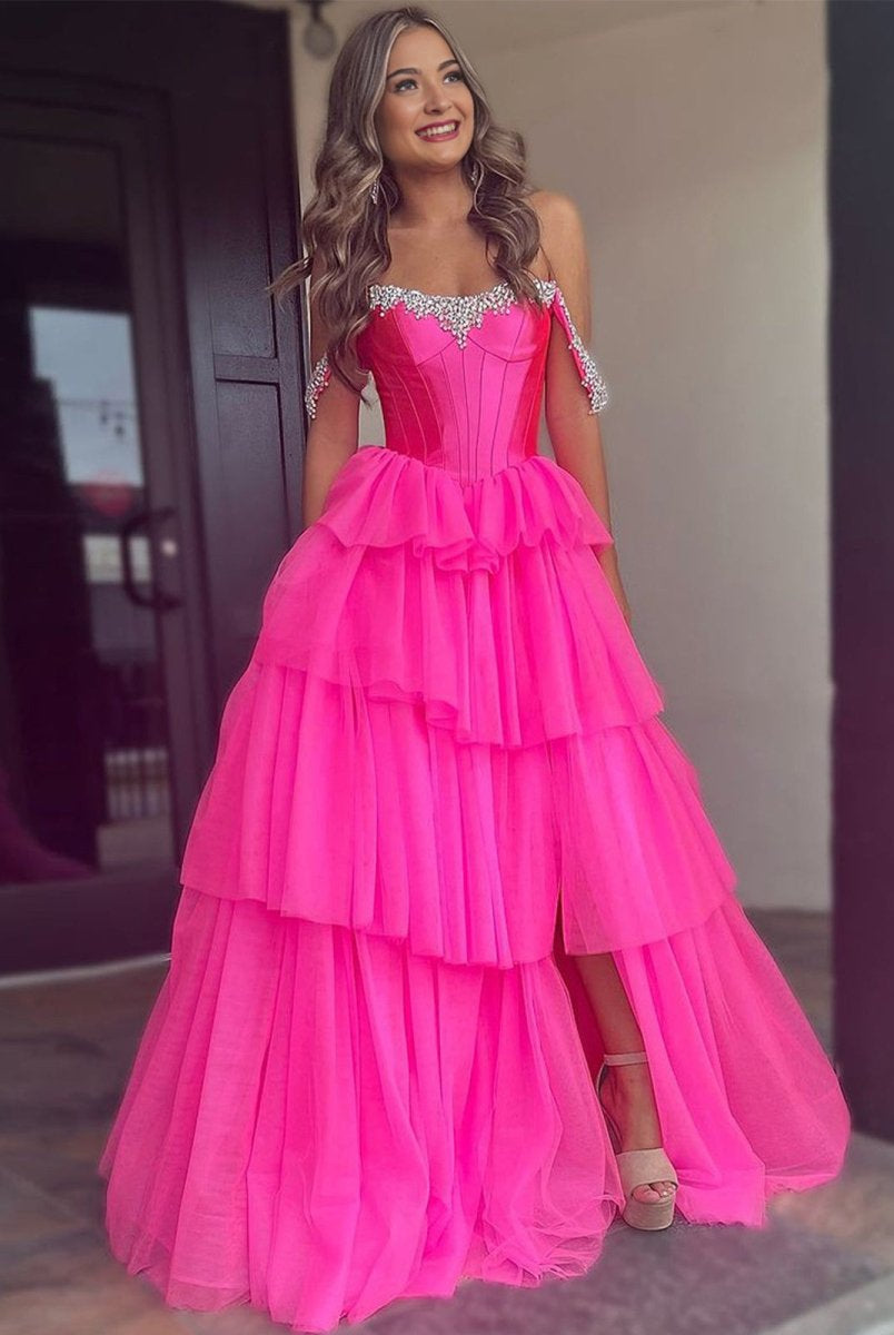 Robenia | A Line Off the Shoulder Hot Pink Tulle Long Prom Dresses with Beading