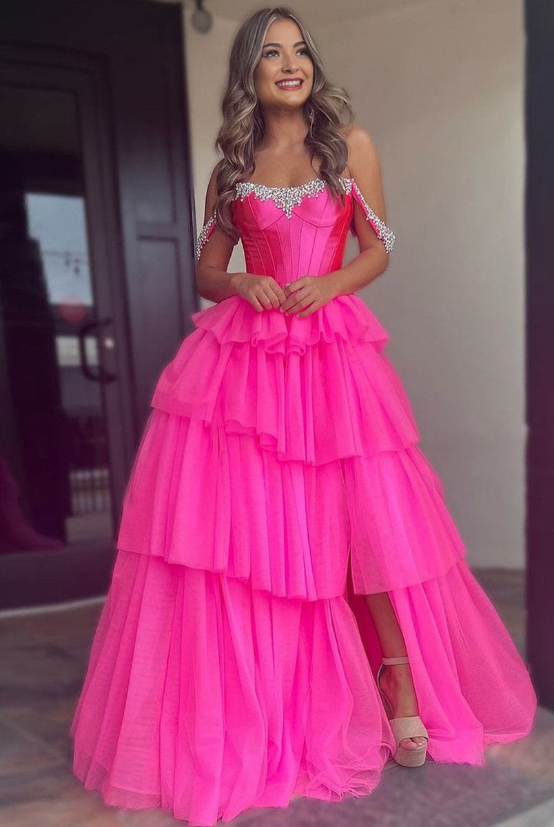 Robenia | A Line Off the Shoulder Hot Pink Tulle Long Prom Dresses with Beading