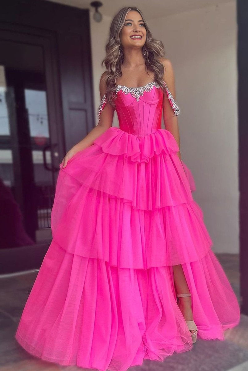Robenia | A Line Off the Shoulder Hot Pink Tulle Long Prom Dresses with Beading