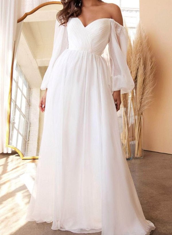 A-Line Off-The-Shoulder Long Sleeves Chiffon Floor-Length Wedding Dress, Black / 6 A-Line Off-The-Shoulder Long Sleeves Chiffon Floor-Length Wedding Dress, Black / 6