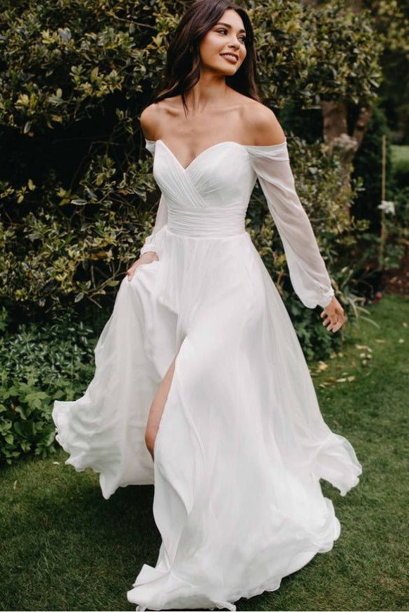A-Line Off-The-Shoulder Long Sleeves Wedding Dresses With Chiffon Slit