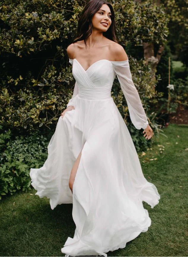A-Line Off-The-Shoulder Long Sleeves Wedding Dresses with Chiffon Slit Diamond White / 22 A-Line Off-The-Shoulder Long Sleeves Wedding Dresses with Chiffon Slit Diamond White / 22