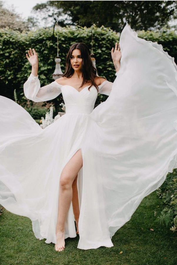 A-Line Off-The-Shoulder Long Sleeves Wedding Dresses With Chiffon Slit