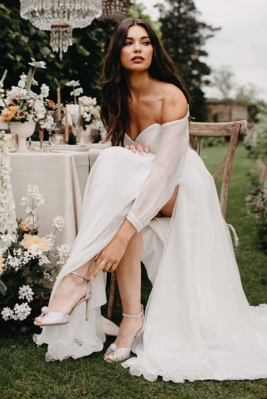 A-Line Off-The-Shoulder Long Sleeves Wedding Dresses With Chiffon Slit
