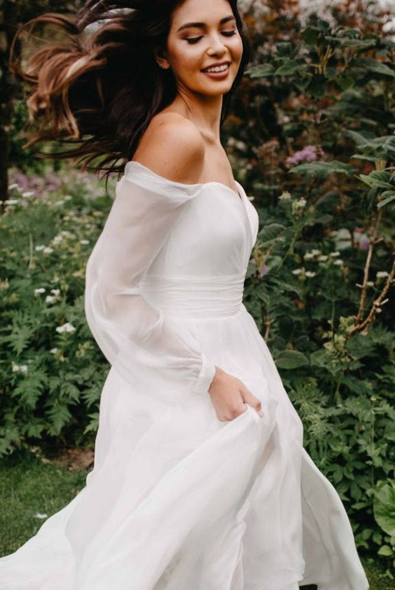 A-Line Off-The-Shoulder Long Sleeves Wedding Dresses With Chiffon Slit