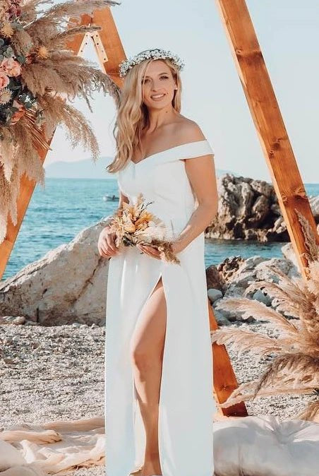 A-Line Off-the Shoulder Satin Modern Wedding Dress Sleeveless With Split Front