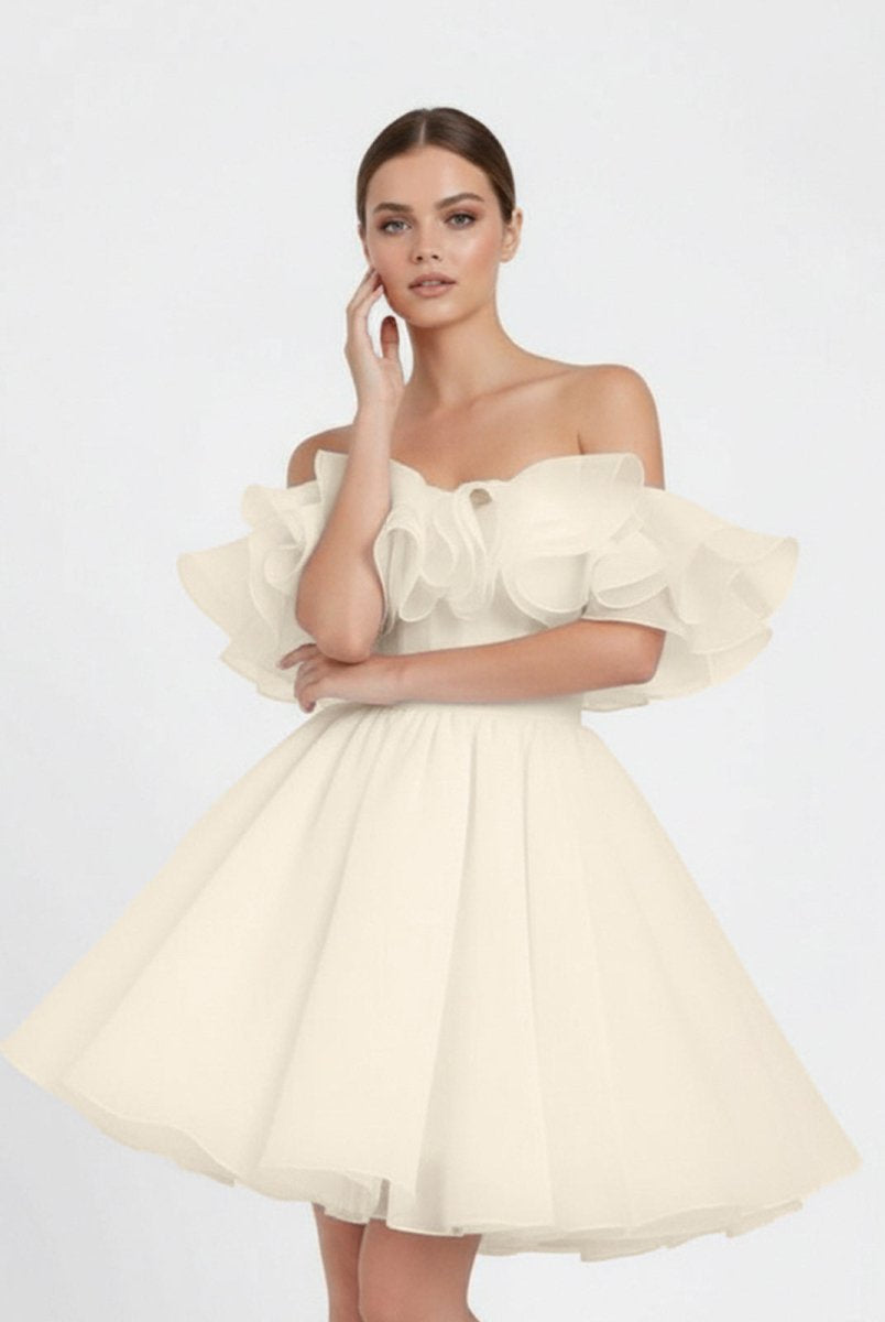 Zephyr | A - Line Off - The - Shoulder Sleeveless Short Mini Organza Wedding Dresses - KissProm