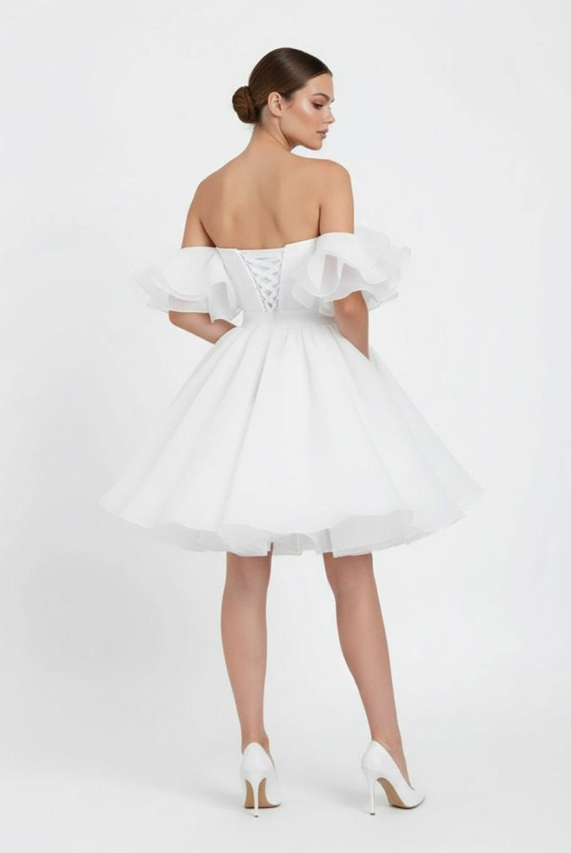 Zephyr | A - Line Off - The - Shoulder Sleeveless Short Mini Organza Wedding Dresses - KissProm
