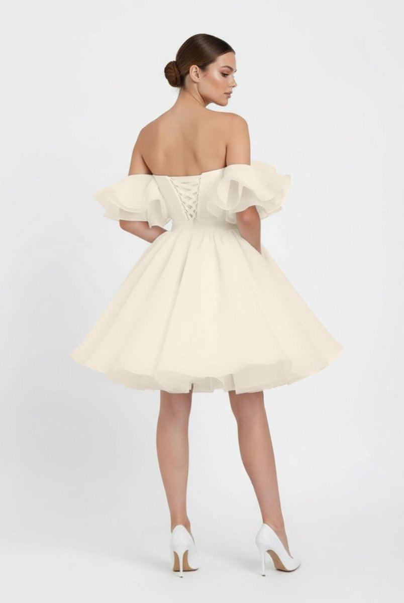 Zephyr | A - Line Off - The - Shoulder Sleeveless Short Mini Organza Wedding Dresses - KissProm
