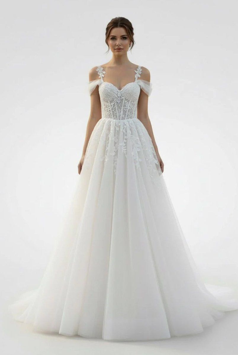 Elodika | A - Line Off - The - Shoulder Tulle Wedding Dresses With Appliques Lace - KissProm