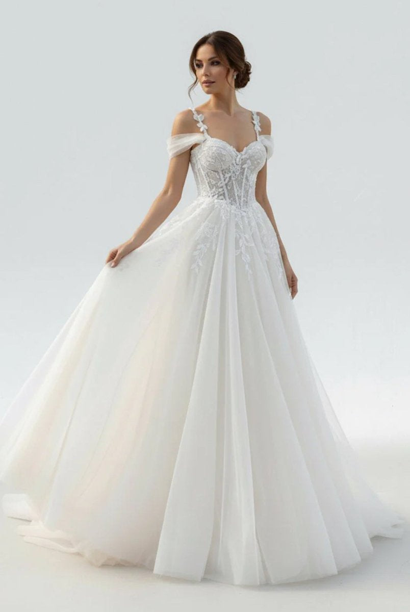 Elodika | A - Line Off - The - Shoulder Tulle Wedding Dresses With Appliques Lace - KissProm
