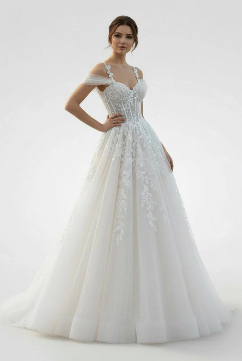 Elodika | A - Line Off - The - Shoulder Tulle Wedding Dresses With Appliques Lace - KissProm