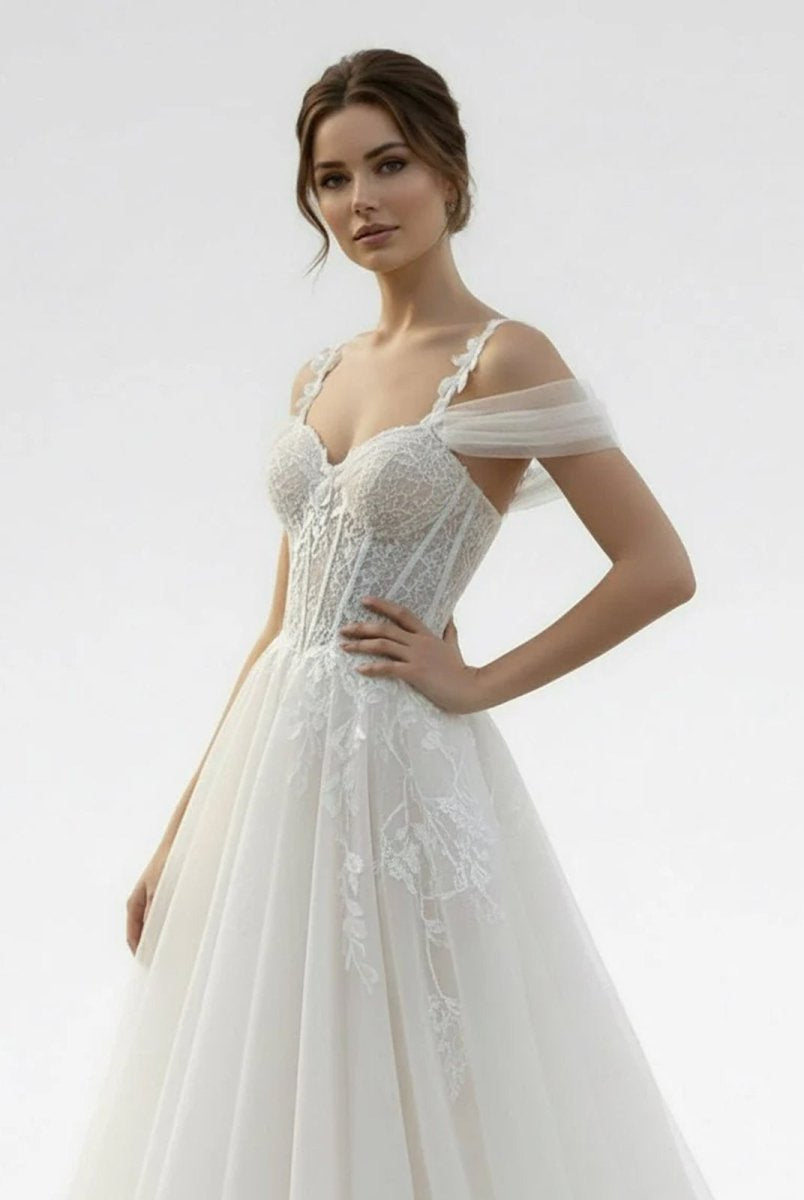 Elodika | A - Line Off - The - Shoulder Tulle Wedding Dresses With Appliques Lace - KissProm