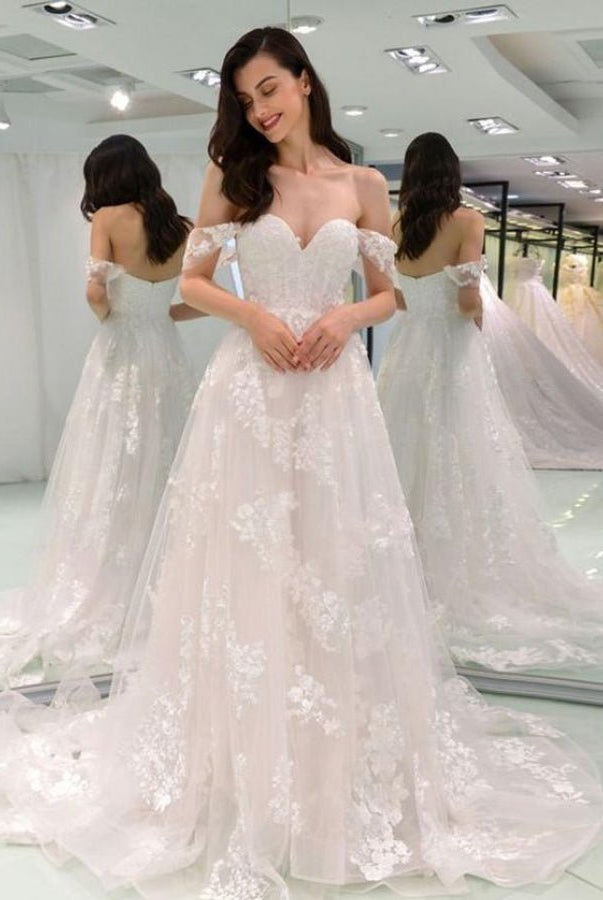 A - line Off - the - shoulder Wedding Dresses Lace Tulle Skirt - KissProm
