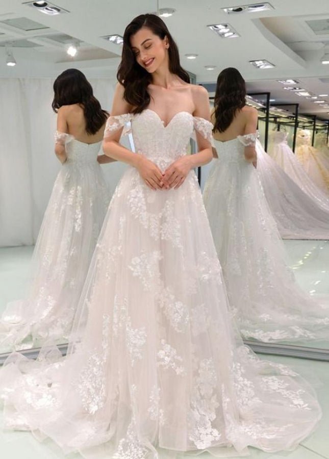 A - line Off - the - shoulder Wedding Dresses Lace Tulle Skirt - KissProm