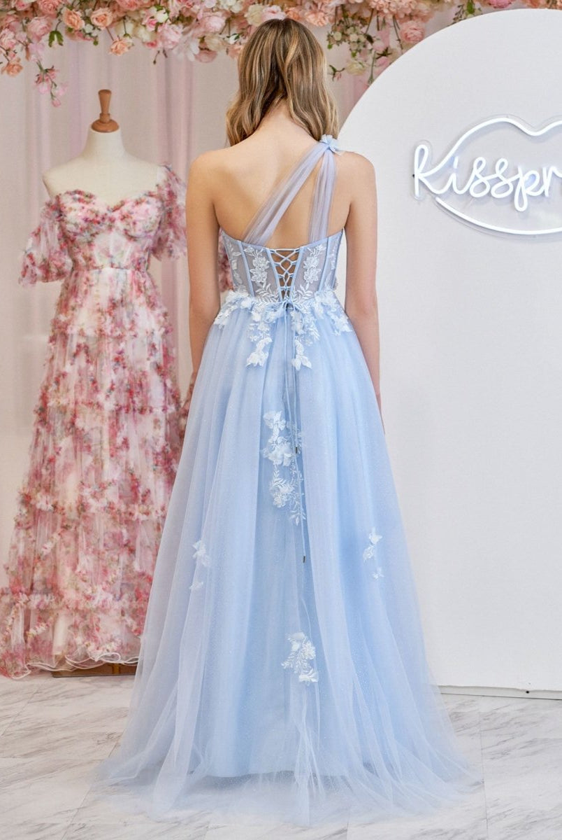 A Line One Shoulder Black Long Prom Dress with Appliques