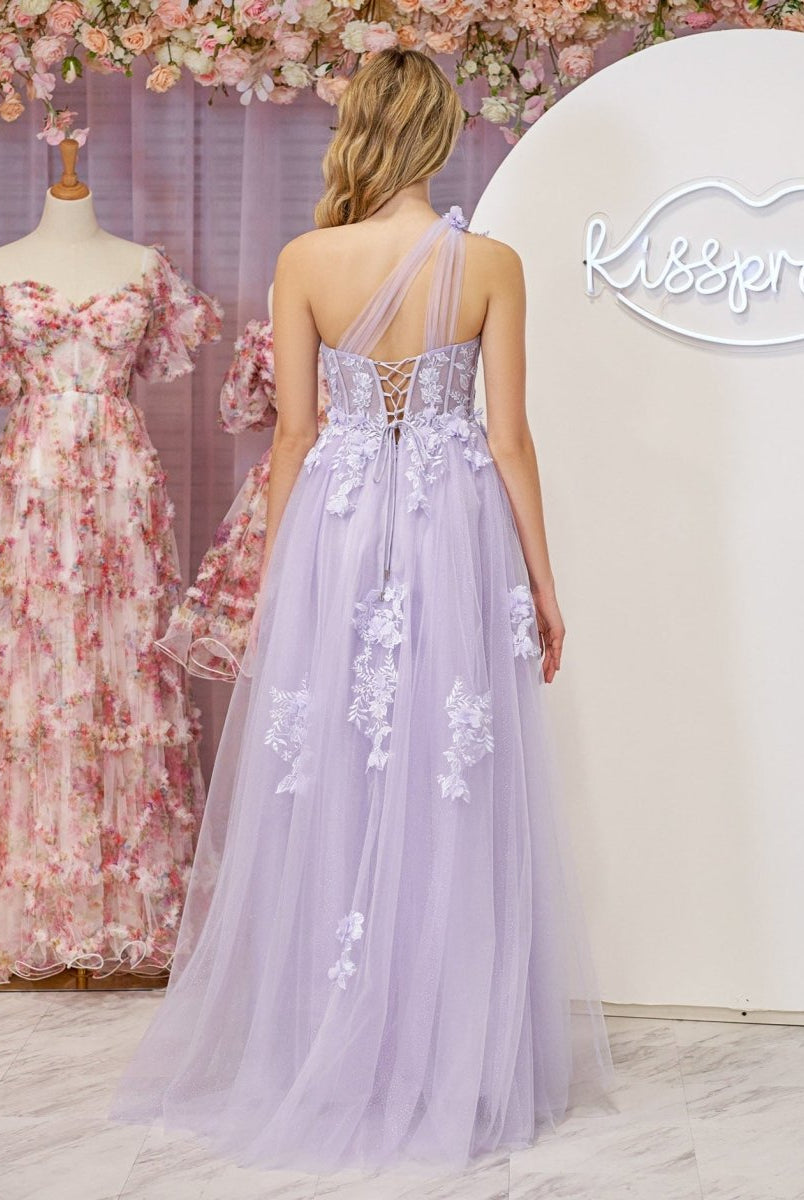 A Line One Shoulder Black Long Prom Dress with Appliques