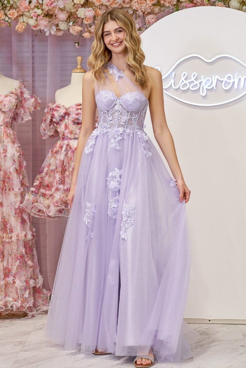 A Line One Shoulder Black Long Prom Dress with Appliques