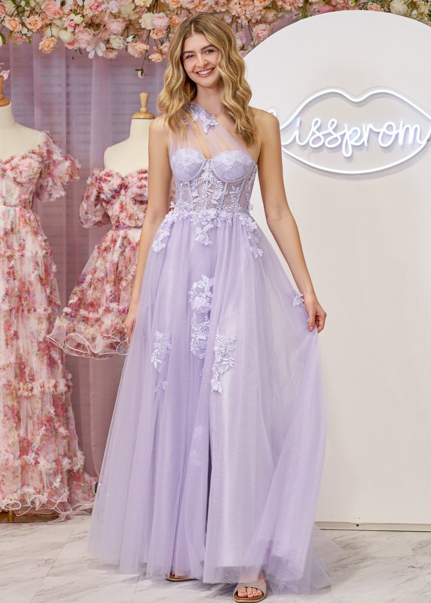 A Line One Shoulder Black Long Prom Dress with Appliques