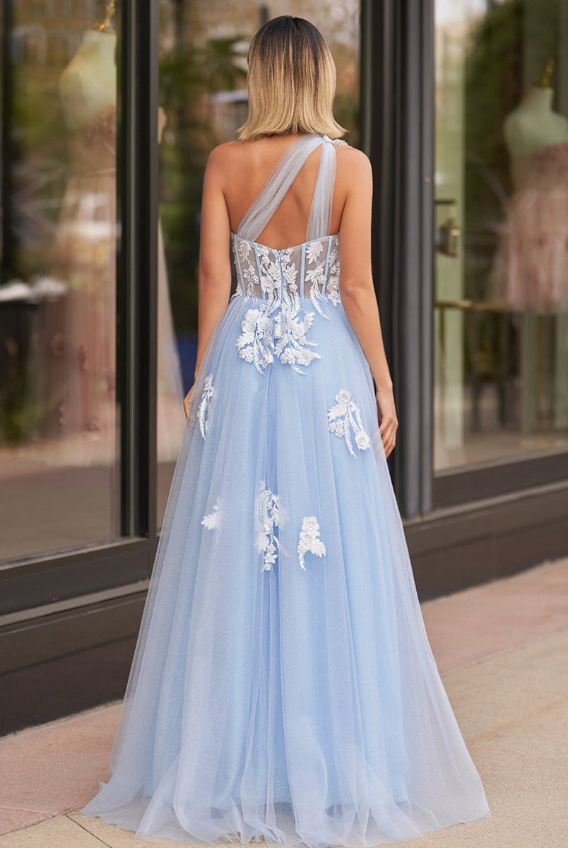 A Line One Shoulder Black Long Prom Dress with Appliques