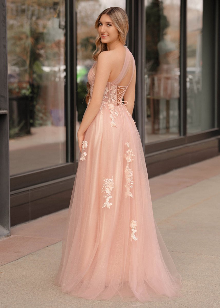 A Line One Shoulder Black Long Prom Dress with Appliques