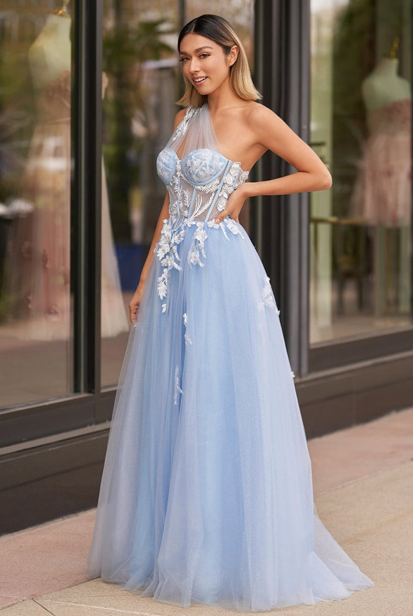 A Line One Shoulder Black Long Prom Dress with Appliques