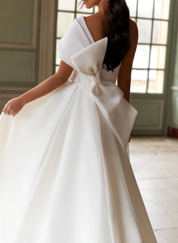 A-Line One-Shoulder Organza Sweep Train Wedding Dress With Appliques Lace