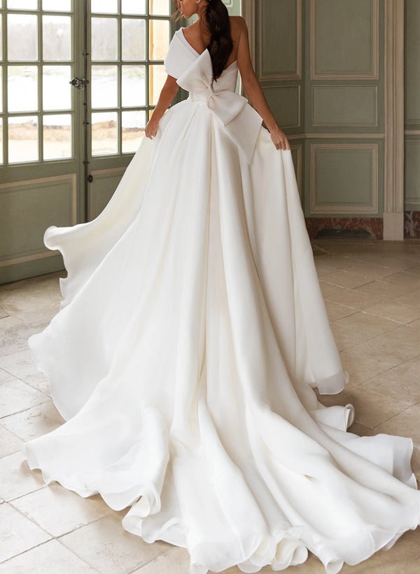 A-Line One-Shoulder Organza Sweep Train Wedding Dress With Appliques Lace