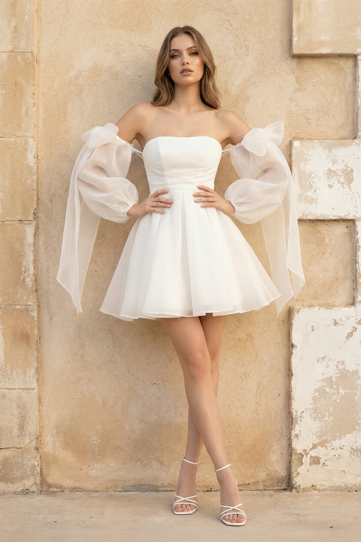 A-Line Puff Long Sleeves Short Wedding Dresses With Bows, Diamond White / Custom Size A-Line Puff Long Sleeves Short Wedding Dresses With Bows, Diamond White / Custom Size