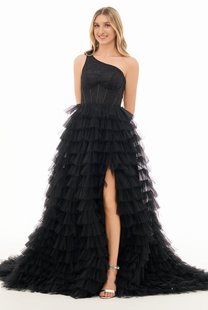 Kinsley | A Line One Shoulder Tiered Long Prom Dress