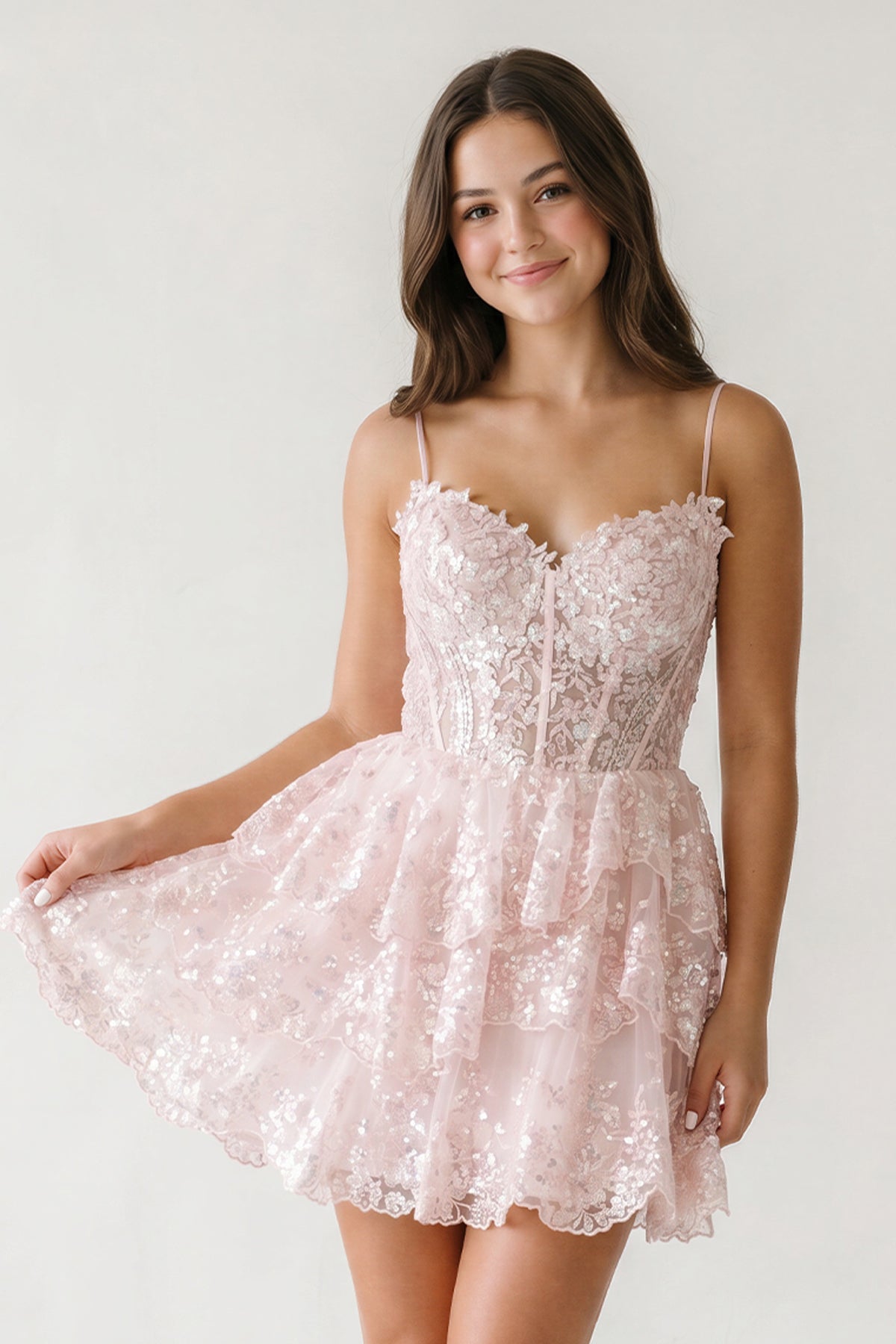 A- Line Sky Blue Sequins Multi-Layers Short Homecoming Dress, Pink / 2 A- Line Sky Blue Sequins Multi-Layers Short Homecoming Dress, Pink / 2