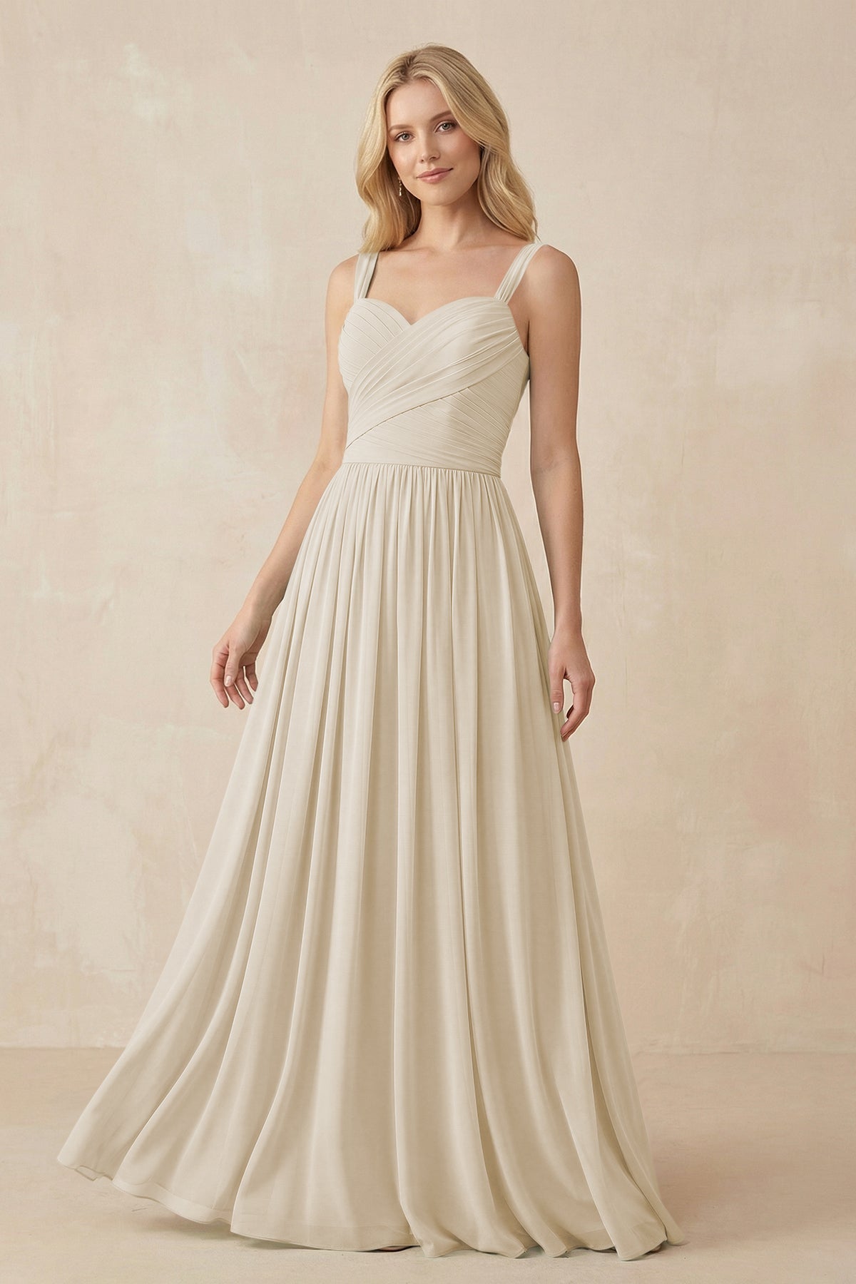 A-Line Pleated Long Chiffon Bridesmaid Dress in Champagne, Champagne / 0
