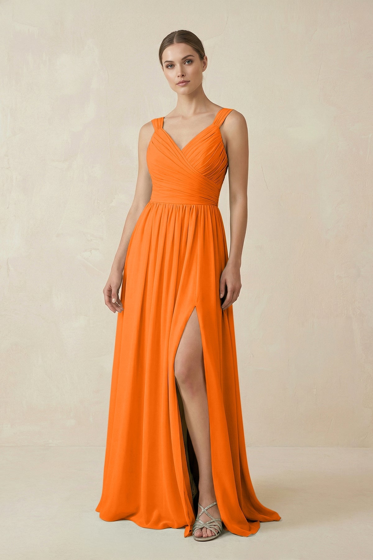 KissProm A-Line Pleated Chiffon Long Bridesmaid Dress in Cinnamon, Cinnamon / 28
