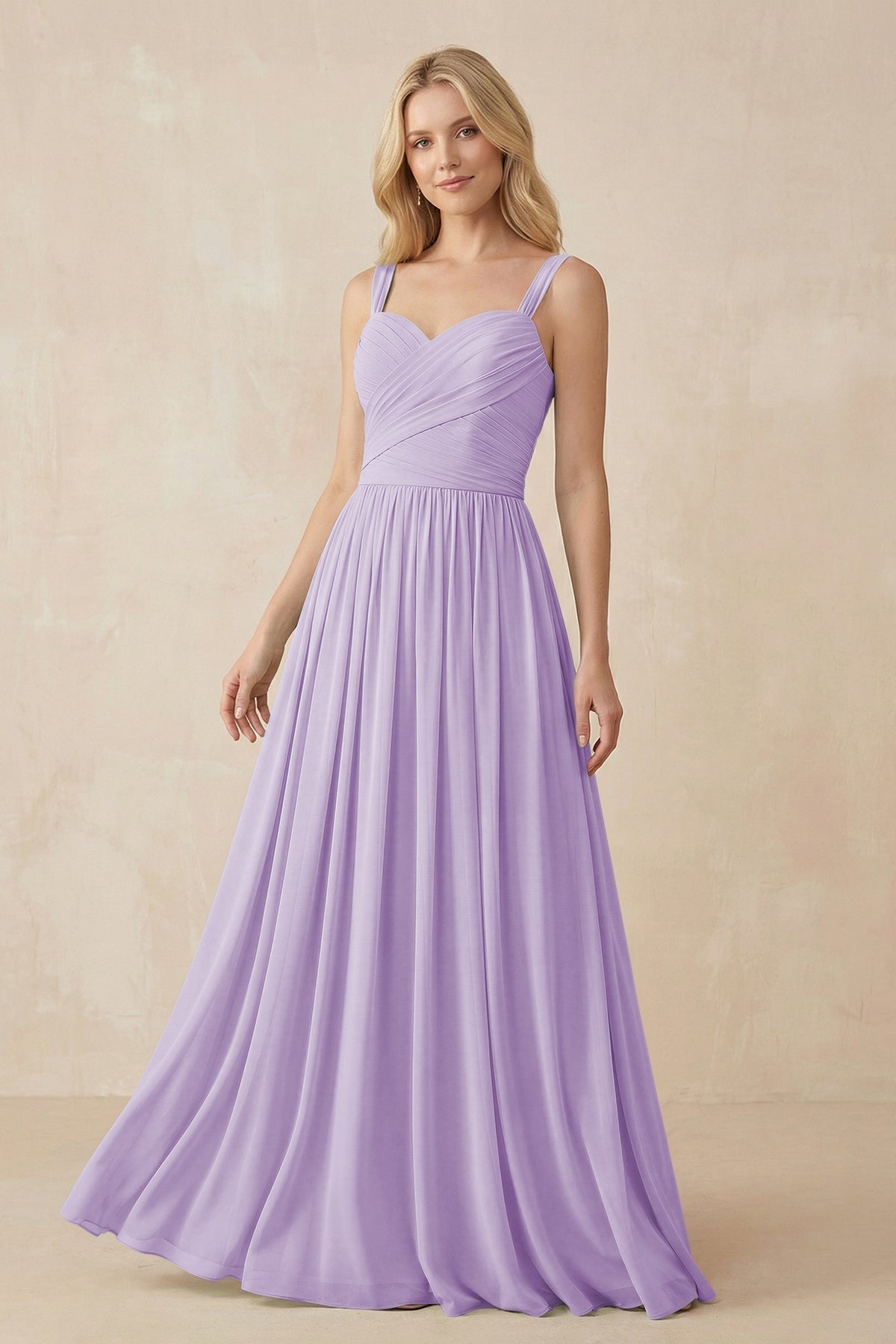 KissProm | A-Line Long Chiffon Pleated Bridesmaid Dress for Wedding in Lavender KissProm | A-Line Long Chiffon Pleated Bridesmaid Dress for Wedding in Lavender