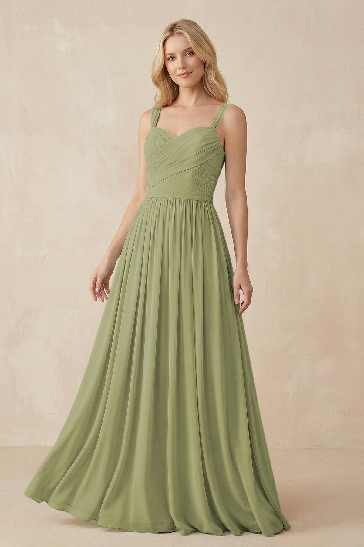 A-Line Pleated Long Chiffon Bridesmaid Dress in Moss Green, Moss Green / 8