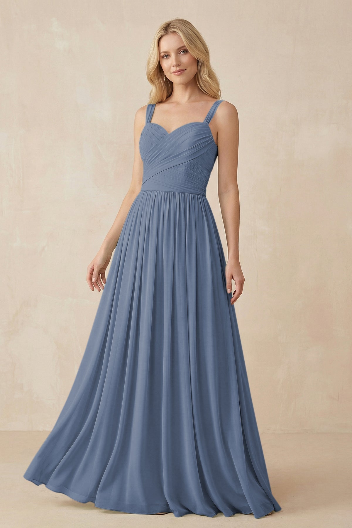 A-Line Pleated Long Chiffon Bridesmaid Dress in Neptune, Neptune / 0
