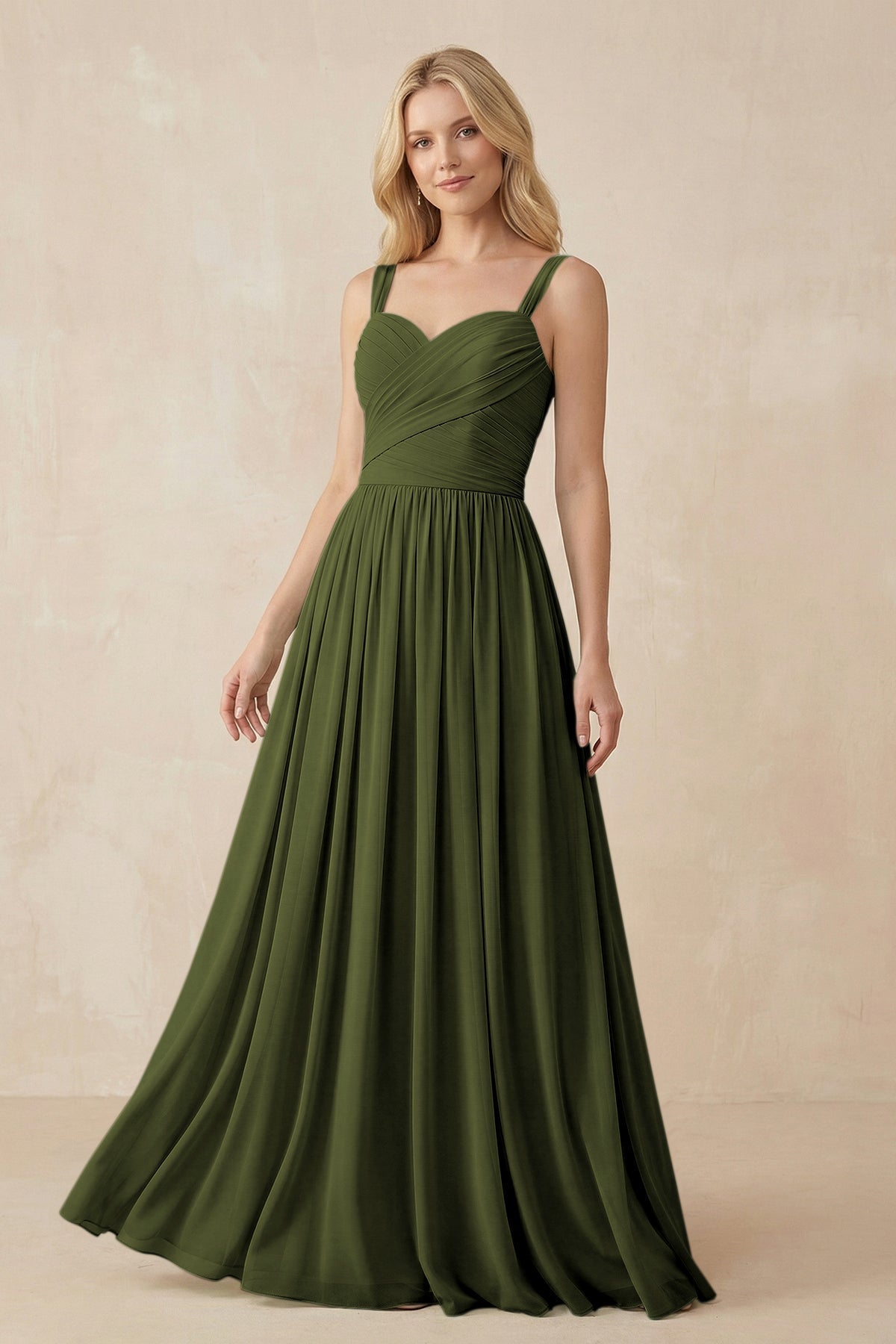 A-Line Pleated Long Chiffon Bridesmaid Dress in Olive, Olive / 14 A-Line Pleated Long Chiffon Bridesmaid Dress in Olive, Olive / 14