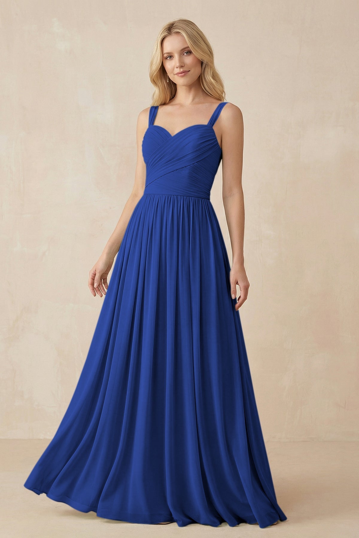 KissProm A-Line Pleated Long Chiffon Bridesmaid Dress in Royal Blue, Royal Blue / 10